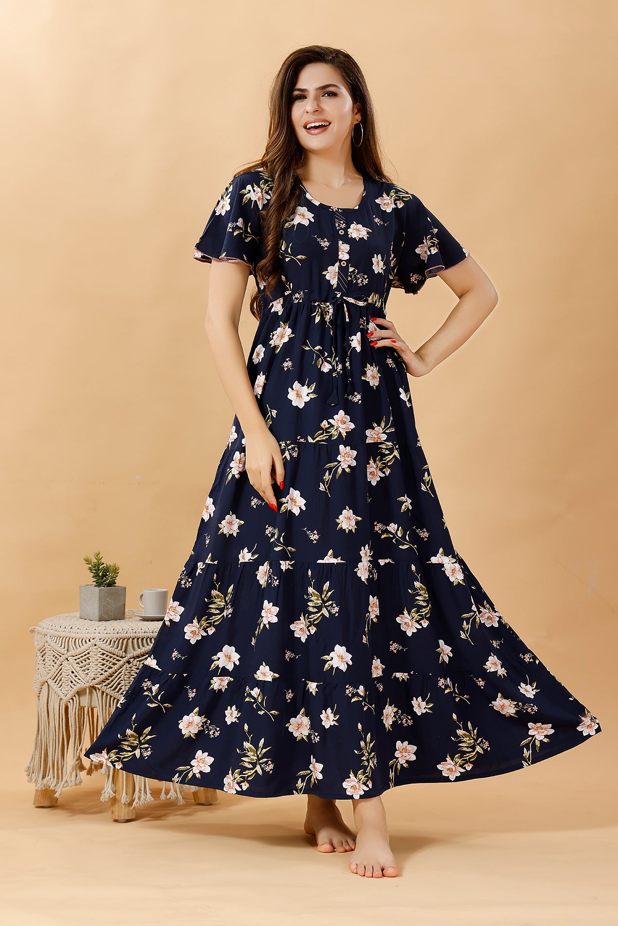 Floral Rayon Cotton Frock Style Nighty