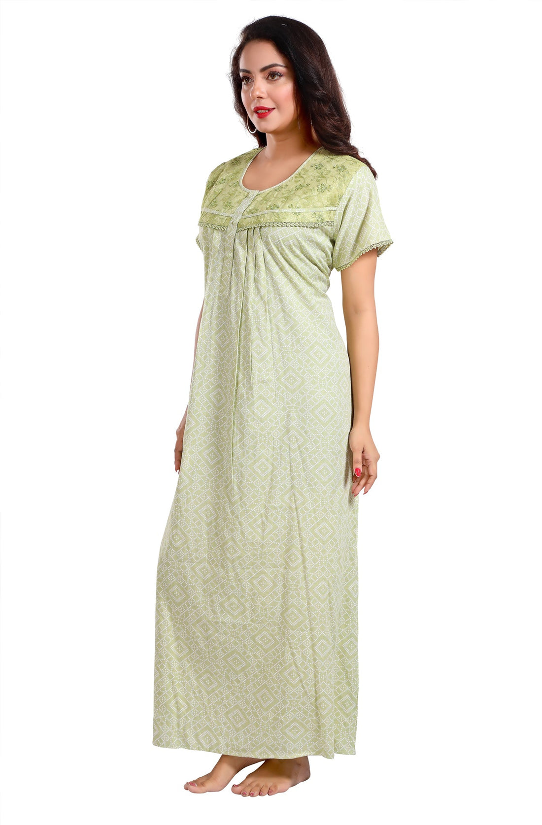 Cotton Frills Light Green Floral Neck Netted SkinStory Nighty (Copy)