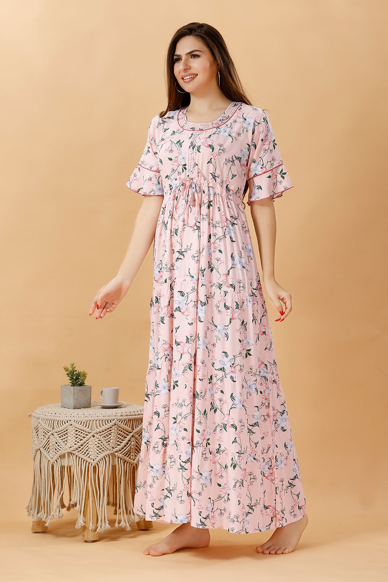 Light Pink Floral Frock Style Nighty