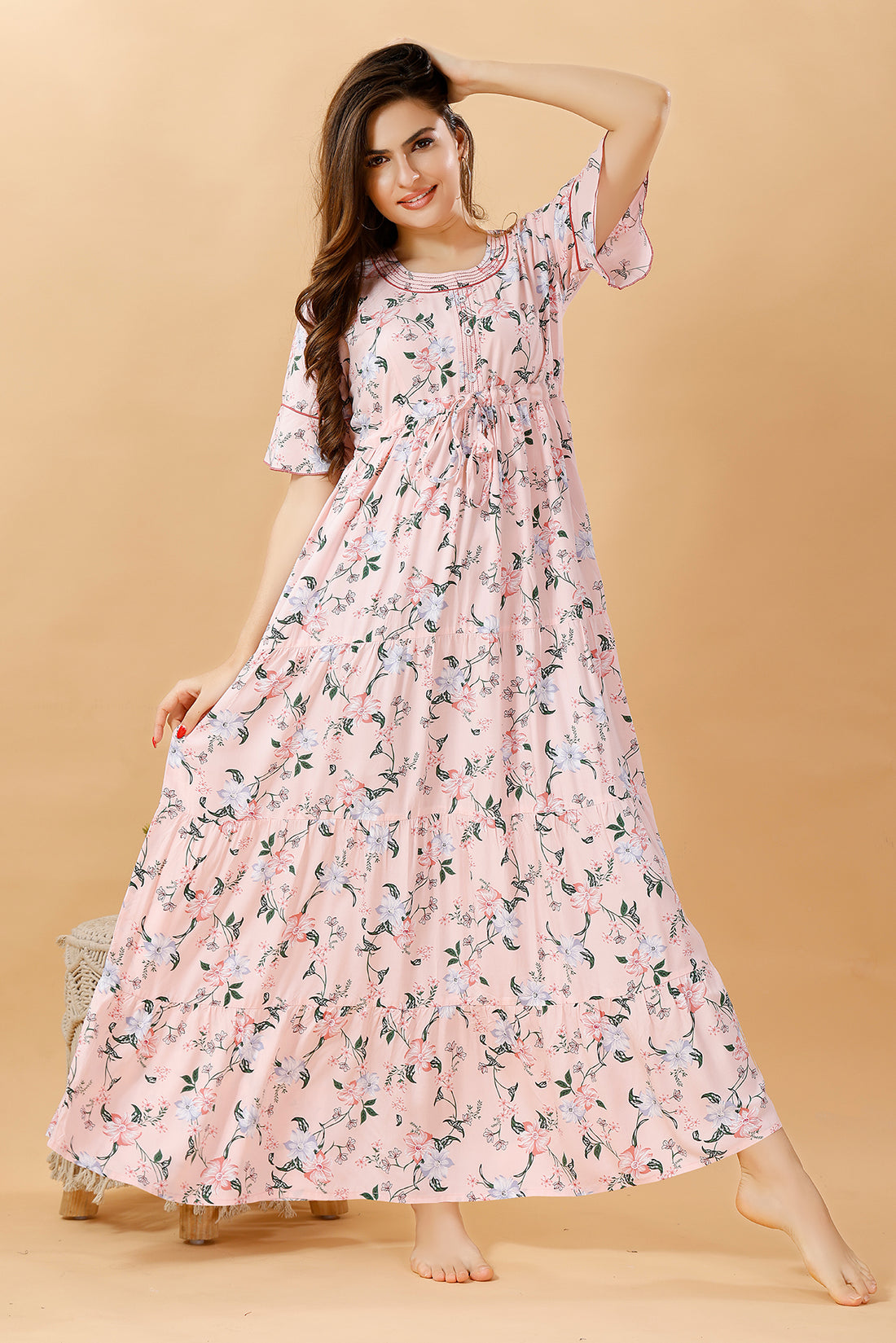 Light Pink Floral Frock Style Nighty