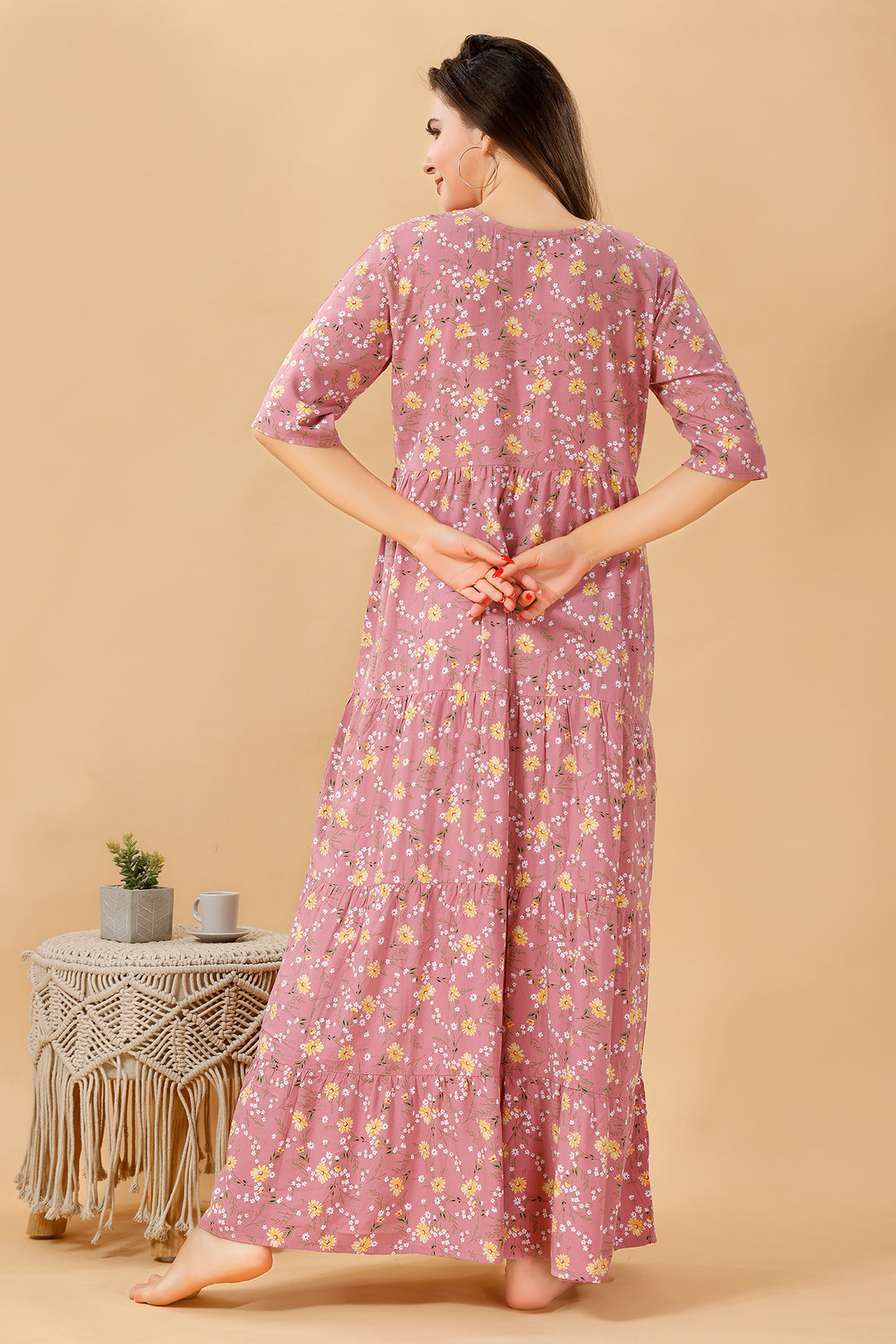 Floral Pink Rayon Cotton Nighty