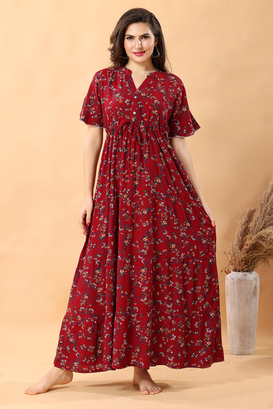 Floral Red Frock Rayon Nighty