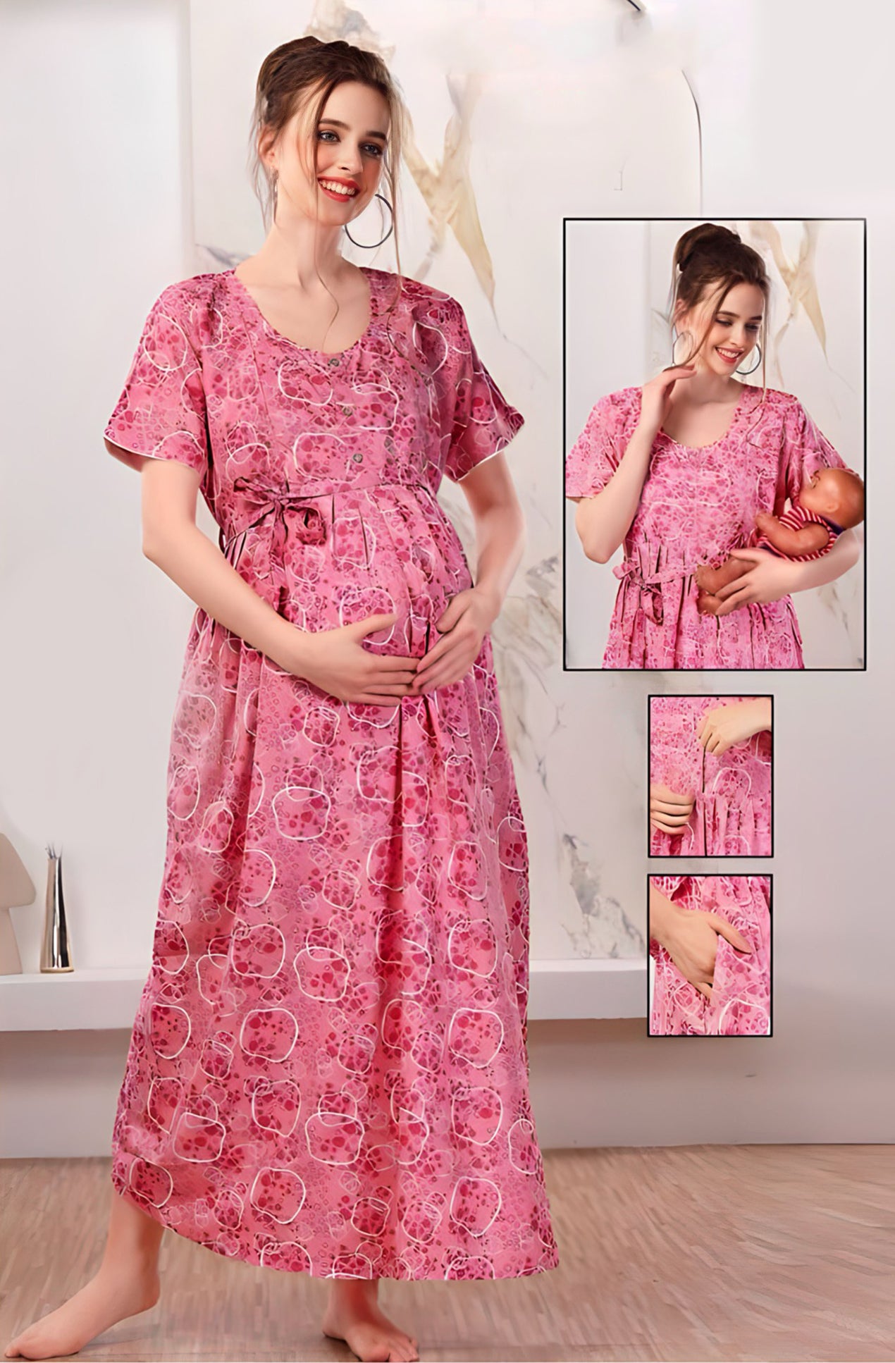 Pink Rayon Maternity Feeding Nighty / Zips