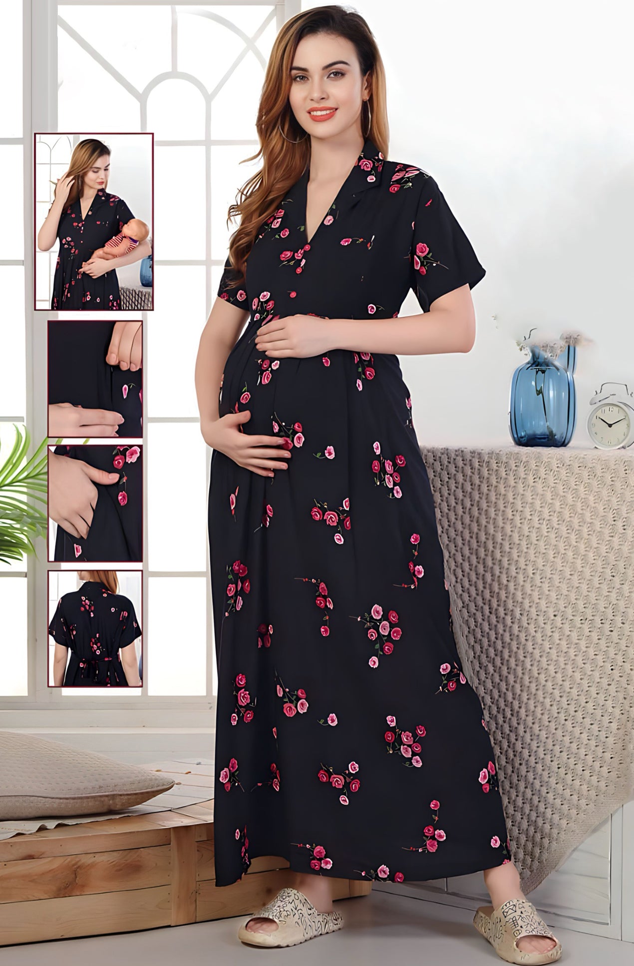 Black Rayon Maternity Feeding Nighty / Zips