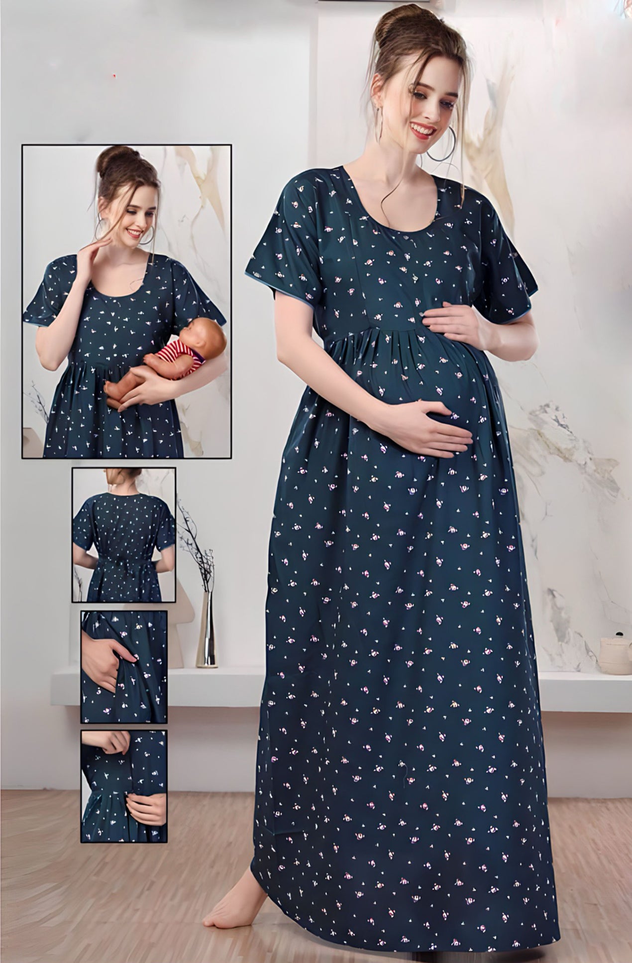 Floral Rayon Maternity Feeding Nighty / Zips