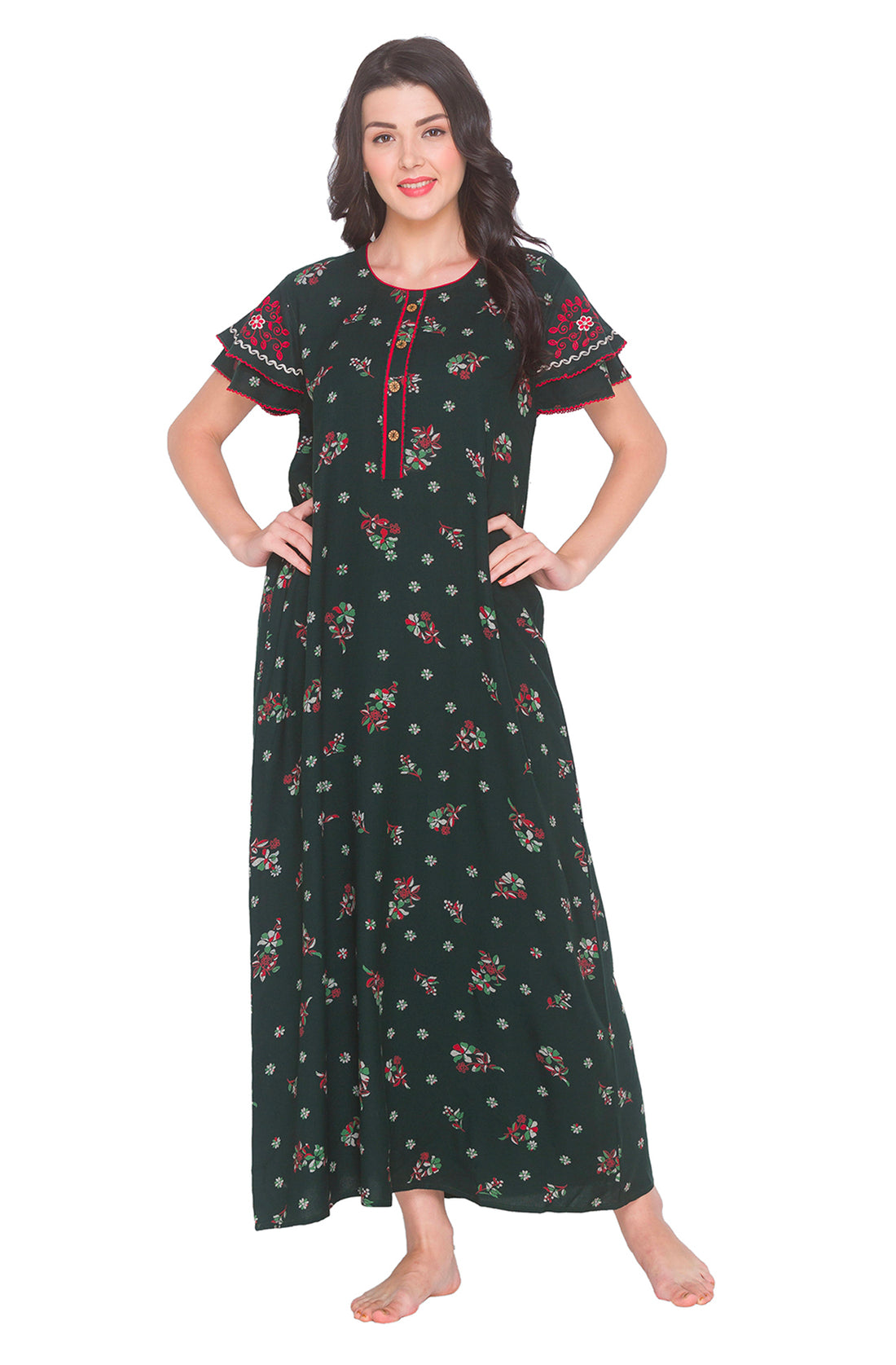 Green Floral Alpine Cotton Straight Cut Nighty