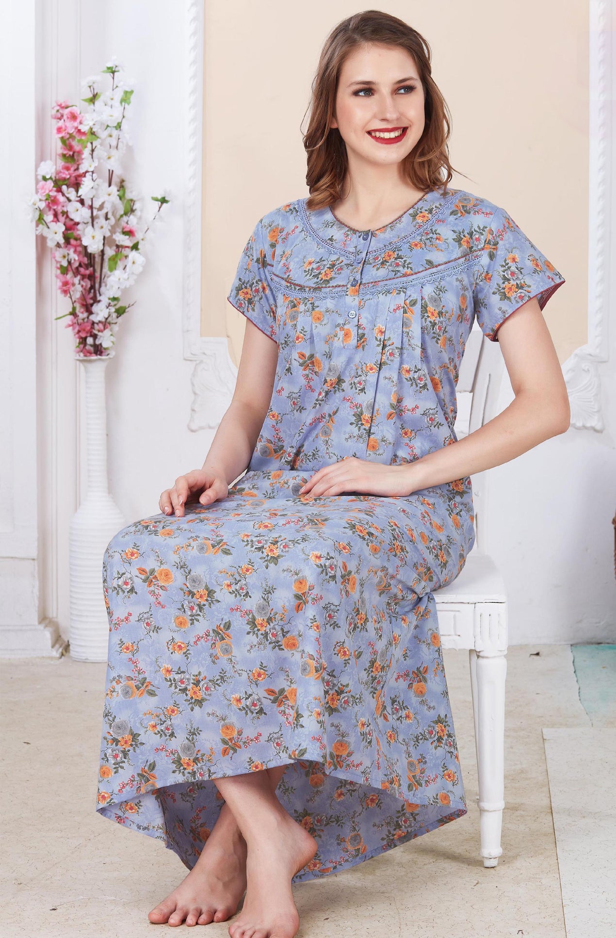 Floral Front & Back Frills Spun Cotton Blue Jigna Nighty