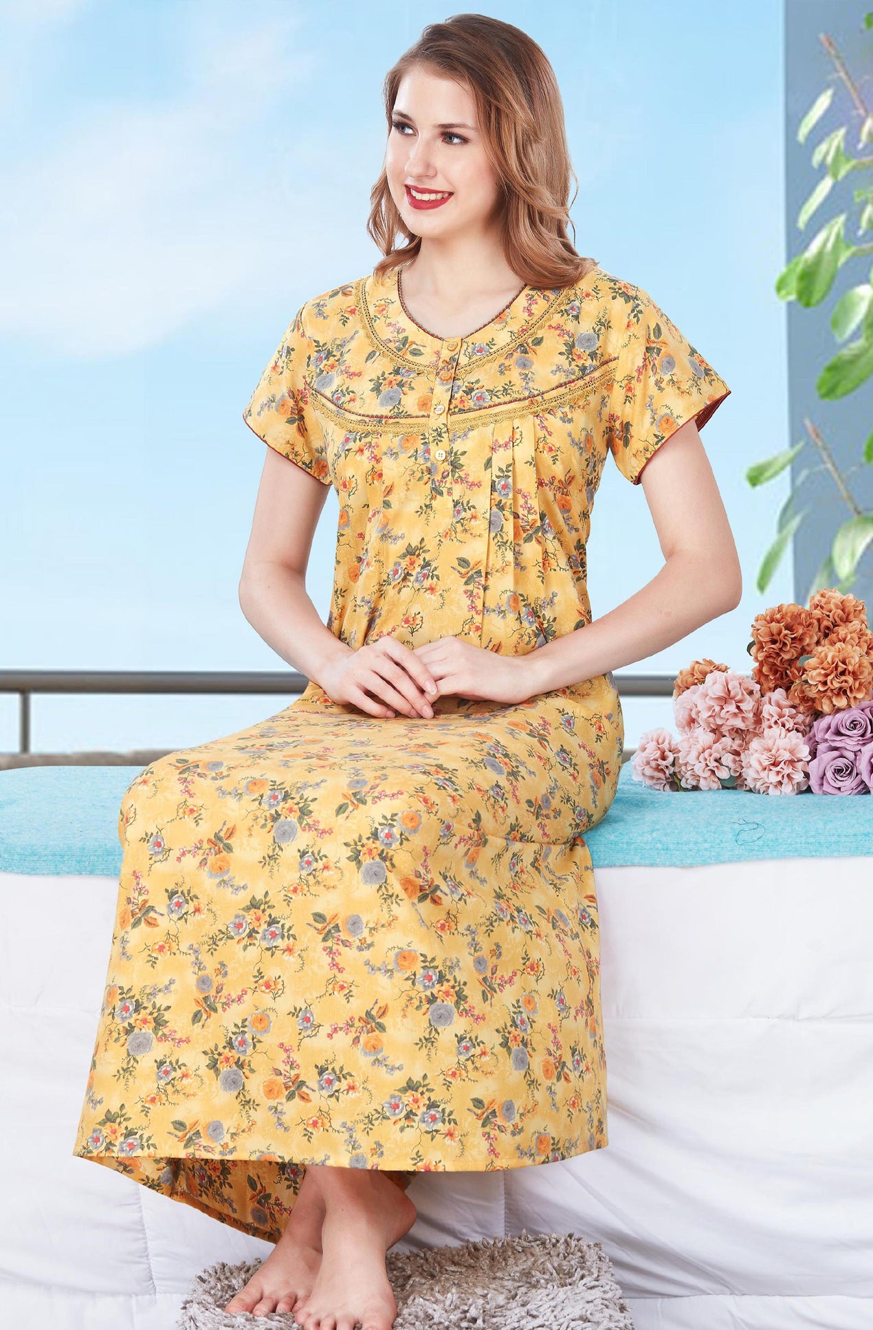 Floral Front & Back Frills Spun Cotton Jigna Nighty