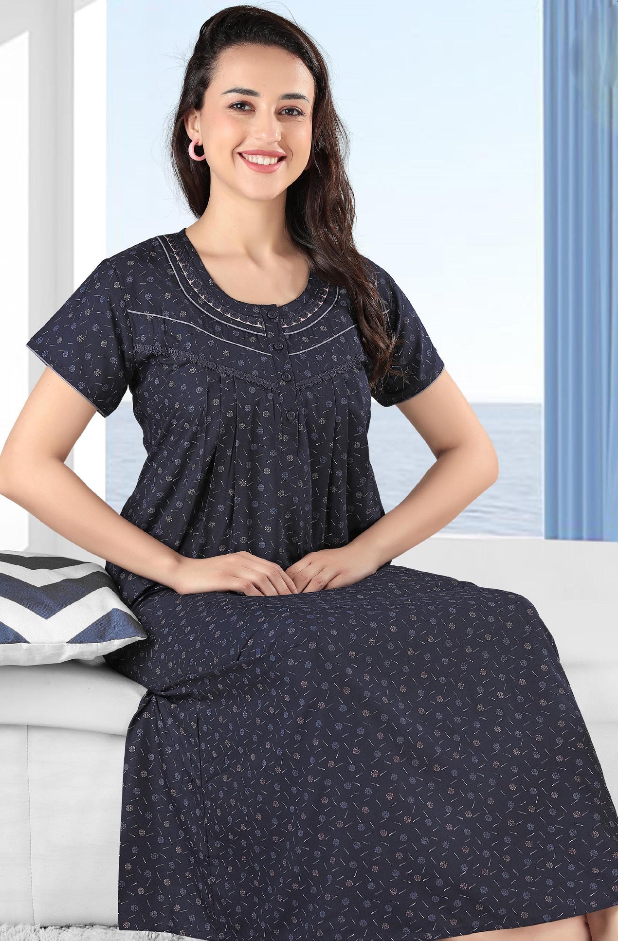 Navy Blue Front & Back Frills Spun Cotton Jigna Nighty