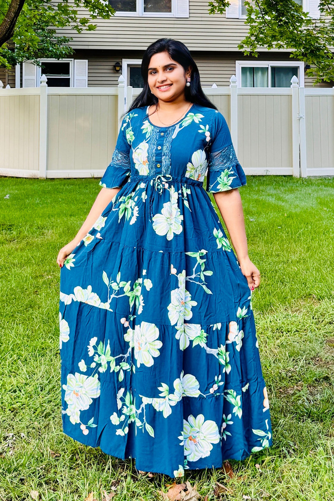 Floral Blue Frock Rayon Cotton Nighty