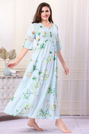 Beautiful Light Green Floral Frock Nighty