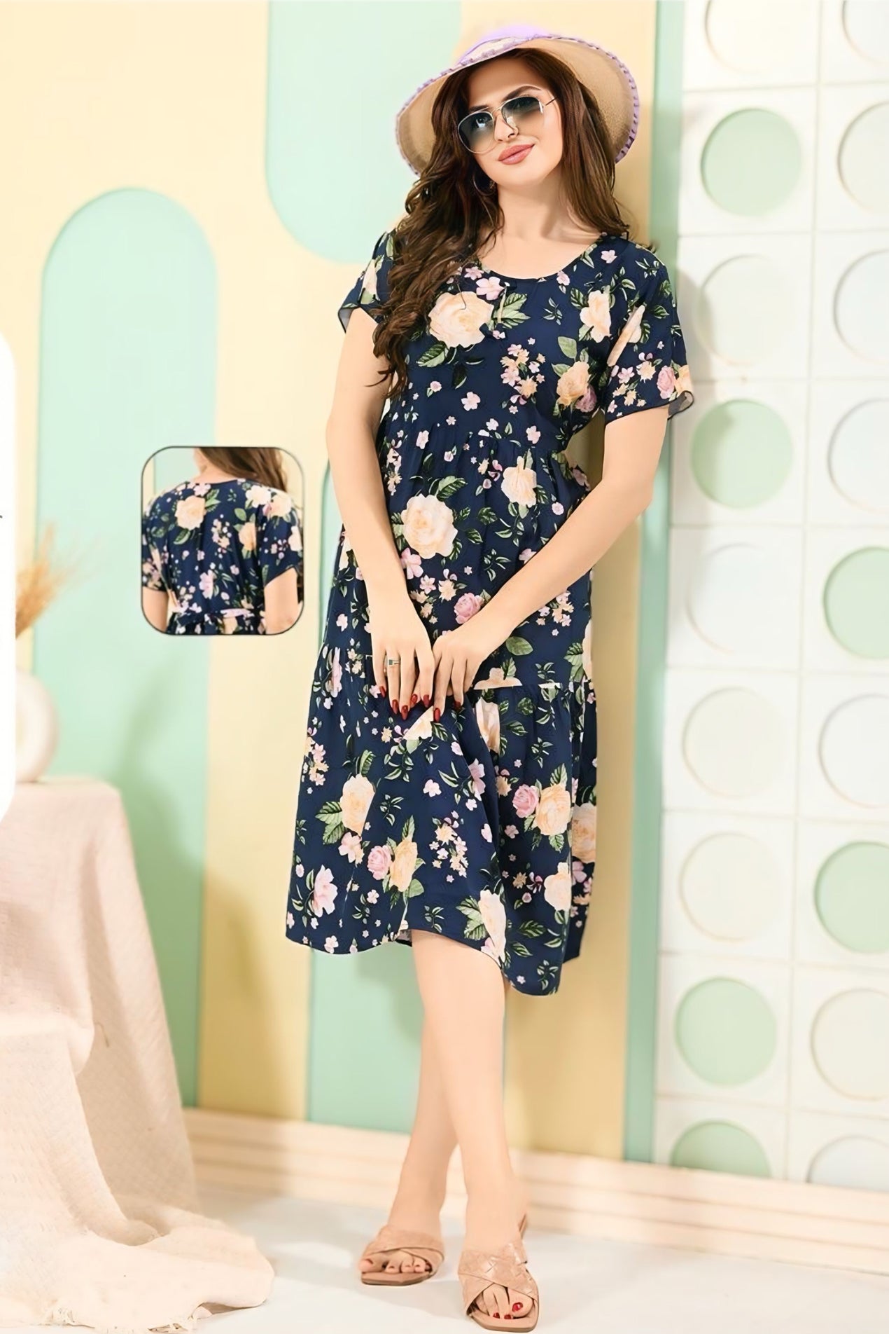 Floral Blue 3/4 Nighty