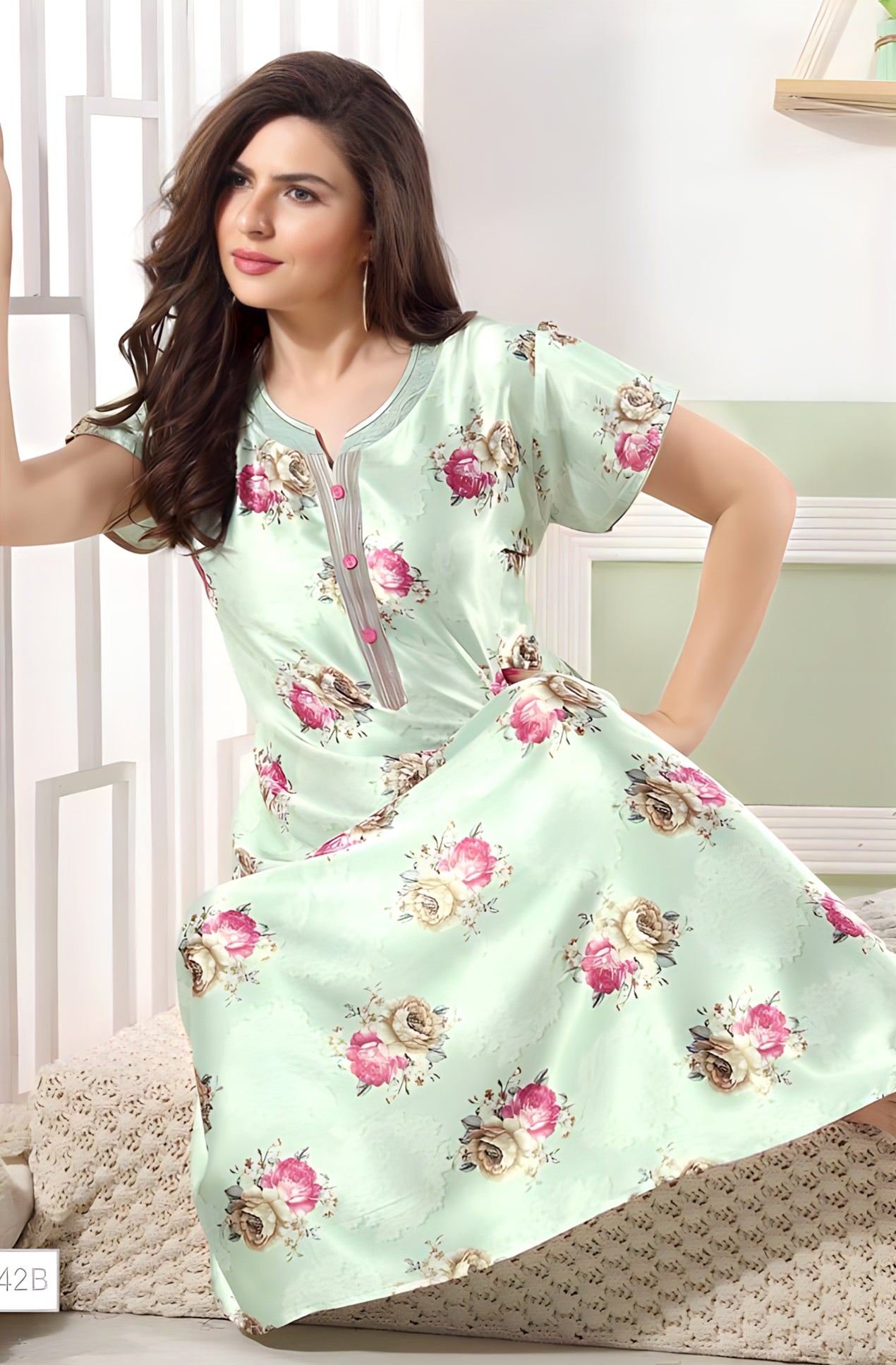 Big Floral Pattern Satin Fabric Nighty